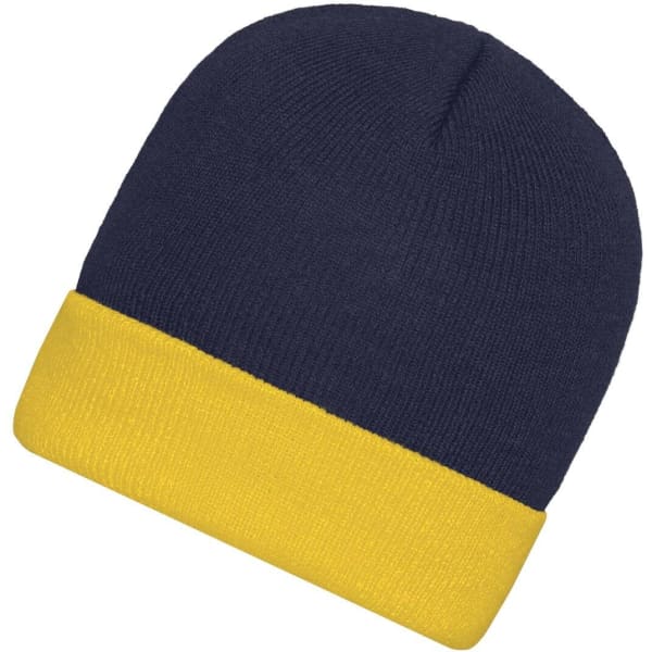 A knitted beanie in navy blue with a bright yellow cuff, featuring a logo on the side.