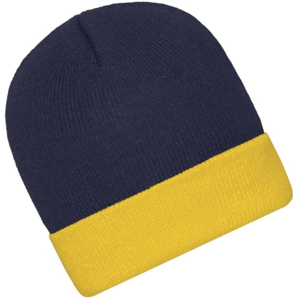A knitted beanie in navy blue with a bright yellow cuff at the bottom, featuring a small logo.