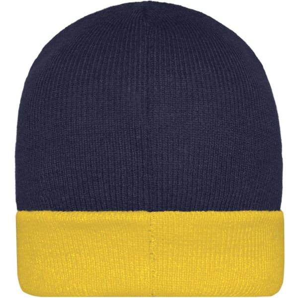 A knitted beanie featuring a navy body and a yellow cuff, with a logo on the side.