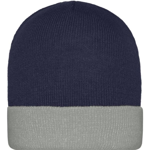 A knitted beanie in navy blue with a grey cuff, featuring a logo on the front.