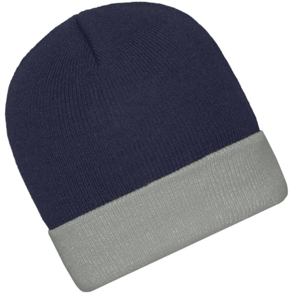 A knitted beanie featuring a navy blue top and a grey folded cuff, with a logo on the side.