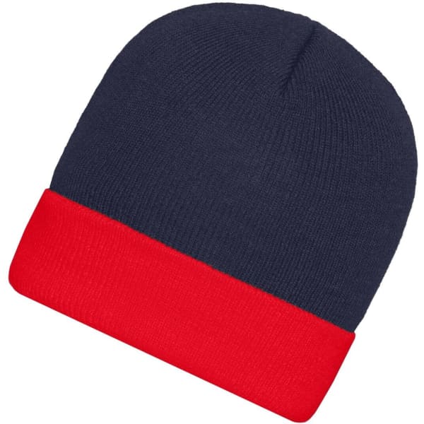 A knitted beanie in navy blue with a red folded cuff. The beanie features a logo on the side.