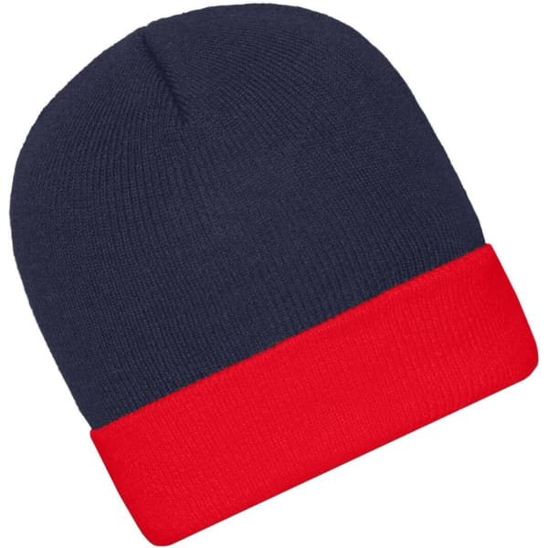 A knitted beanie in navy blue with a red cuff, featuring a logo on the side.