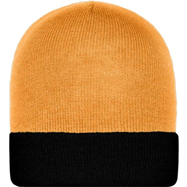 A knitted beanie in orange with a black cuff, featuring a logo on the side.