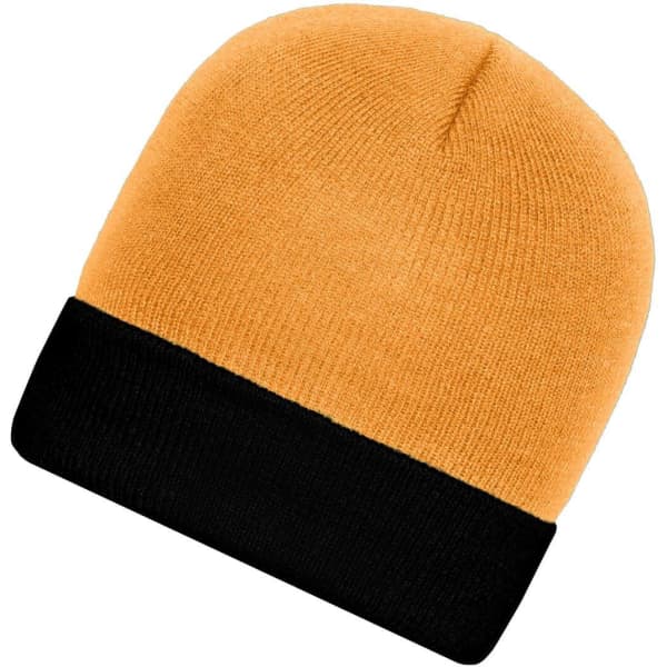 A knitted beanie featuring a bright orange top and a black cuff. The product has a logo on it.