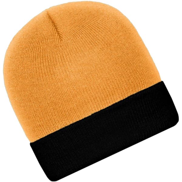 A knitted beanie in vibrant orange with a black cuff. It has a smooth texture and a snug fit.