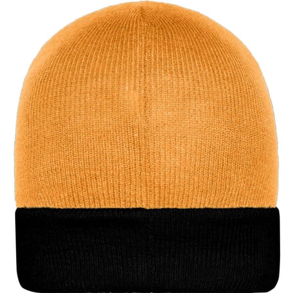 A knitted beanie in orange with a black cuff. It features a logo on the side.