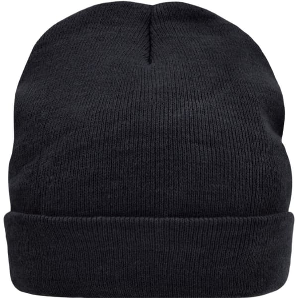 A black knitted beanie with Thinsulate™ insulation and a simple folded design. It features a logo on the side.