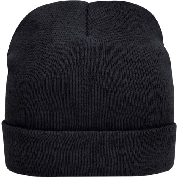 A black knitted beanie featuring a cuffed design and a logo. The fabric is suitable for cold weather.