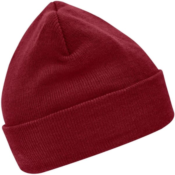 A red knitted beanie featuring a snug fit and a folded cuff. It has a simple design without any visible branding.