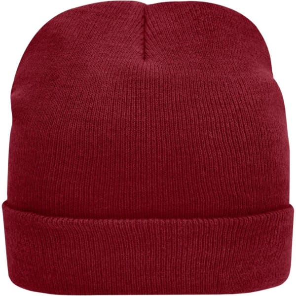 A red knitted beanie made with Thinsulate™ material, featuring a folded cuff and a smooth texture.