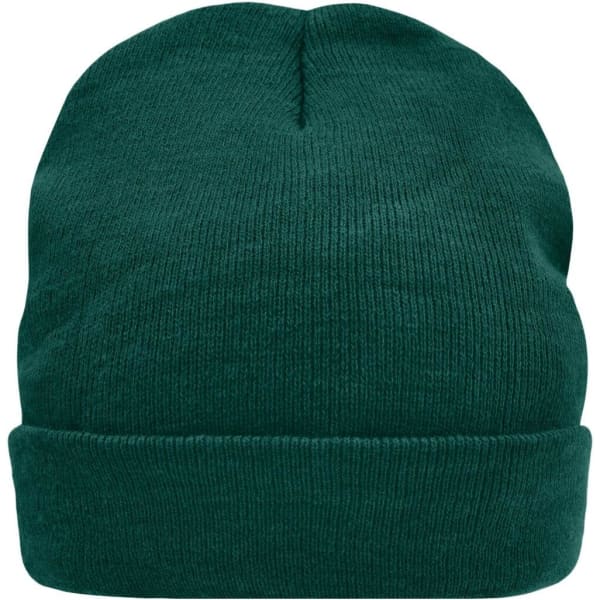 A knitted beanie in dark green with a folded cuff and textured fabric. It features a logo on the side.