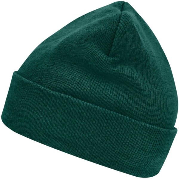 A green knitted beanie made with Thinsulate™ material, featuring a folded brim and a smooth texture.