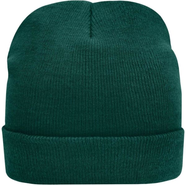 A knitted beanie in dark green with a folded cuff. It features a logo on one side.