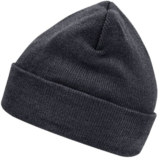 A dark grey knitted beanie featuring Thinsulate™ technology and a logo.