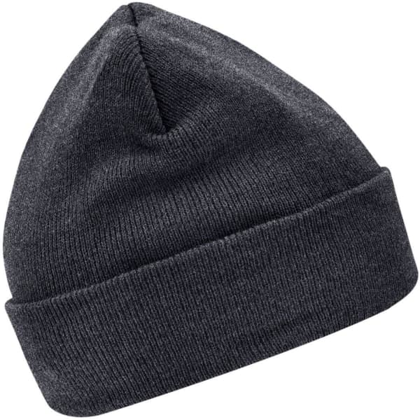 A grey knitted beanie with a turned-up cuff and a seamless crown, featuring a logo on the side.
