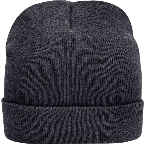 A dark grey knitted beanie featuring a rolled cuff and a logo.