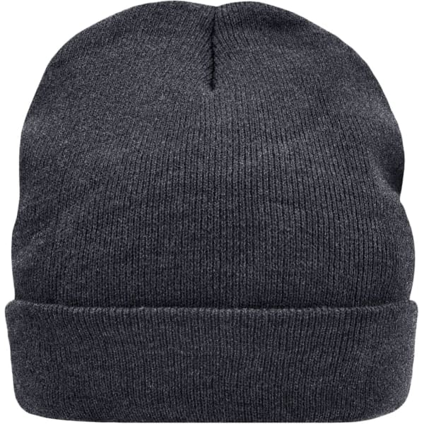 A dark grey knitted beanie with a fold-up brim and a smooth texture. It features a logo on the side.