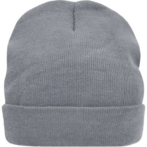 A grey knitted beanie with a rolled cuff and a soft, textured appearance. Features a logo on the side.