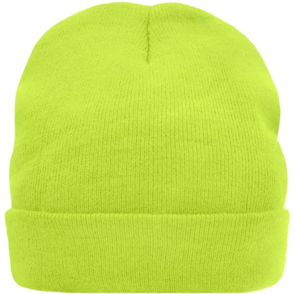 A knitted beanie in bright neon yellow, featuring a snug fit and a folded cuff design. It has a branding logo.