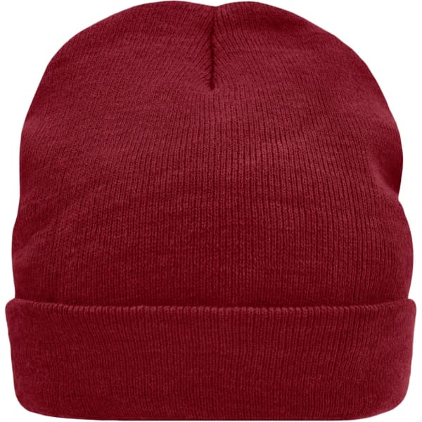 A red knitted beanie made with Thinsulate™, featuring a snug fit and foldable brim. It has a branding logo.