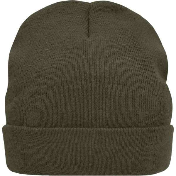 A knitted beanie in dark green featuring a simple, ribbed design. It has no visible branding.