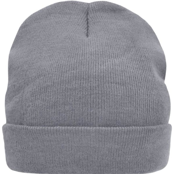 A grey knitted beanie featuring Thinsulate™ material, with a fold-up cuff and a smooth texture.