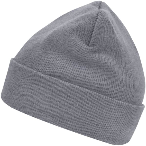 A grey knitted beanie made with Thinsulate™ material, featuring a folded cuff and a simple design.