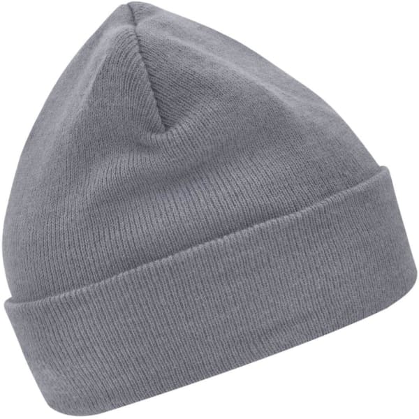 A grey knitted beanie with a folded cuff and a soft texture, featuring a small logo.