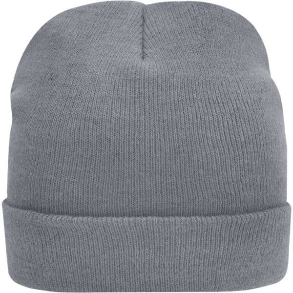 A grey knitted beanie featuring a folded brim and a snug fit, with a logo on the side.