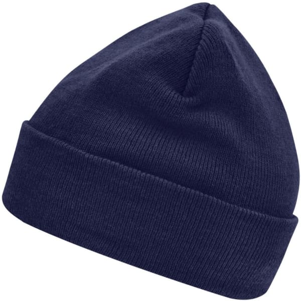 A knitted beanie in navy blue with a folded cuff, featuring a logo on its side.