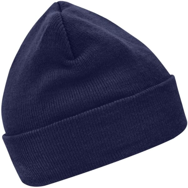 A navy knitted beanie featuring Thinsulate™ insulation. The beanie has a folded cuff and a simple design.
