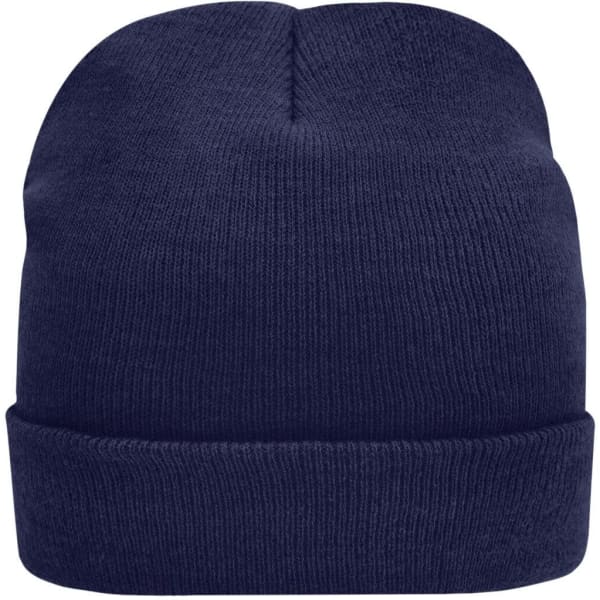 A knitted beanie in navy blue featuring a folded cuff and a soft, textured finish. It has a logo on the side.