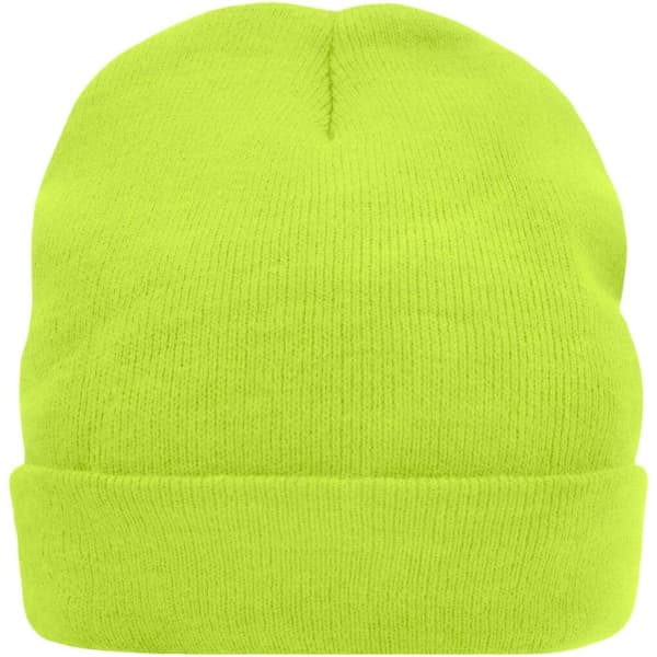 A bright yellow knitted beanie made with Thinsulate™ material, featuring a cuffed design.
