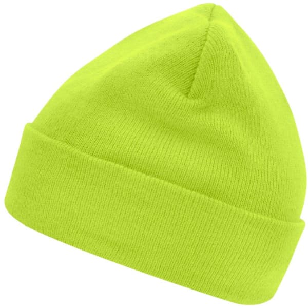 A bright green knitted beanie with a folded rim, featuring a branding logo.