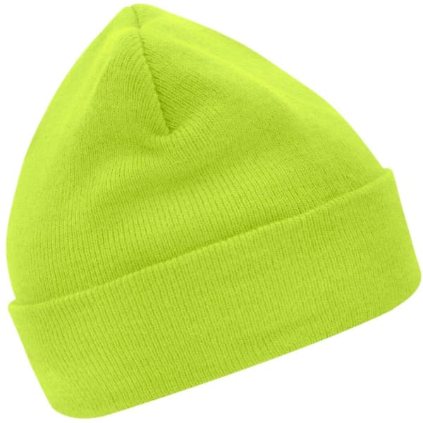 A bright yellow knitted beanie with a fold-over cuff, featuring a logo.