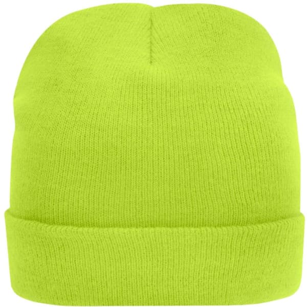 A bright lime green knitted beanie with a folded cuff and a plain design. The beanie features a logo.