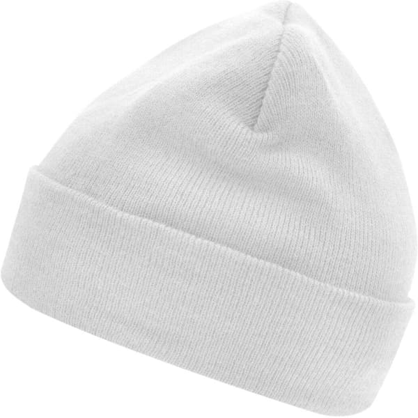 A white knitted beanie featuring Thinsulate™ insulation, with a cuffed design and a simple style.