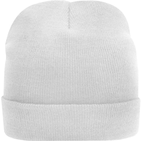 A white knitted beanie featuring Thinsulate™ insulation. The beanie has a rolled cuff and a simple design.