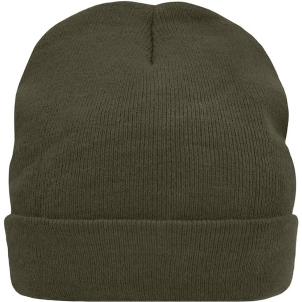 A knitted beanie in an olive green shade, featuring a snug fit and a ribbed texture. It has a brand logo.