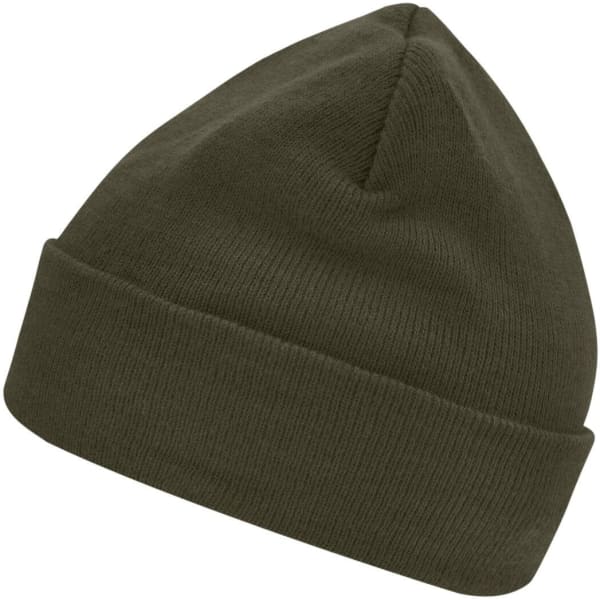 A knitted beanie in olive green with a fold-up cuff and a seamless top, featuring a small logo.