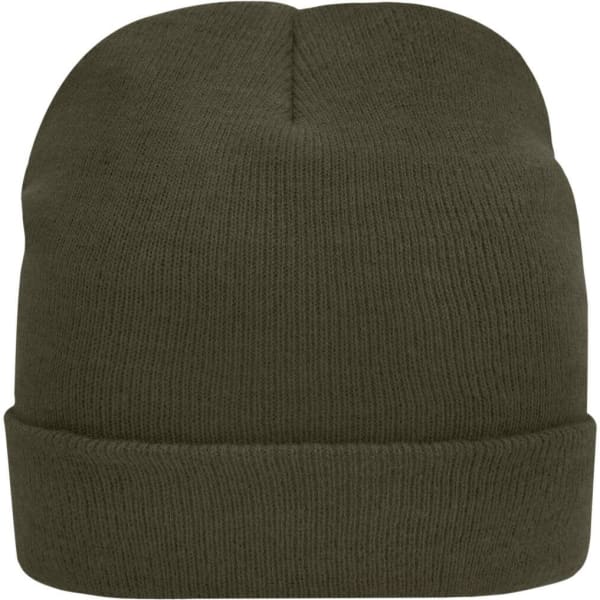 A knitted beanie in olive green with a folded cuff and a smooth texture. It features a logo on the side.