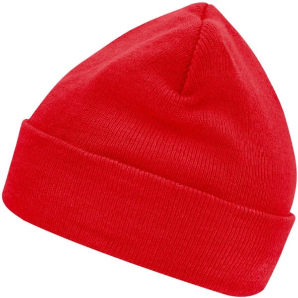 A red knitted beanie featuring Thinsulate™ insulation and a fold-up brim, with a logo on the side.