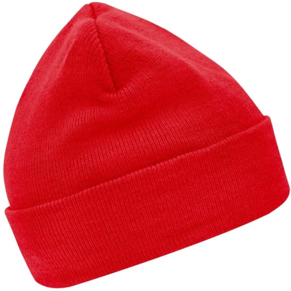 A red knitted beanie made from Thinsulate™ material, featuring a folded brim.