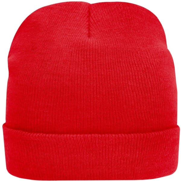 A red knitted beanie with a folded cuff, featuring a logo on the side.