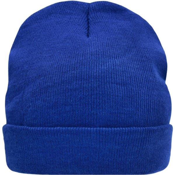 A blue knitted beanie with a rolled cuff and a textured finish, featuring a logo on the side.