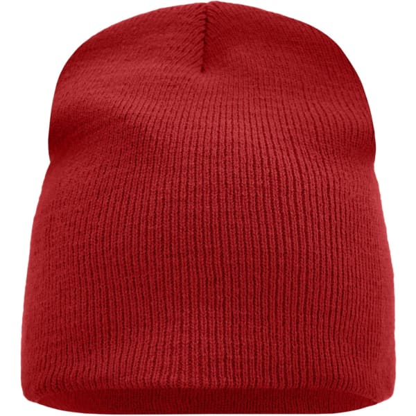 A red beanie with a ribbed texture, featuring a logo on the side.