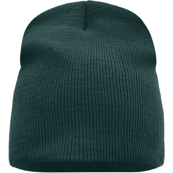 A green beanie with a ribbed texture and a rounded top. Features a logo on one side.