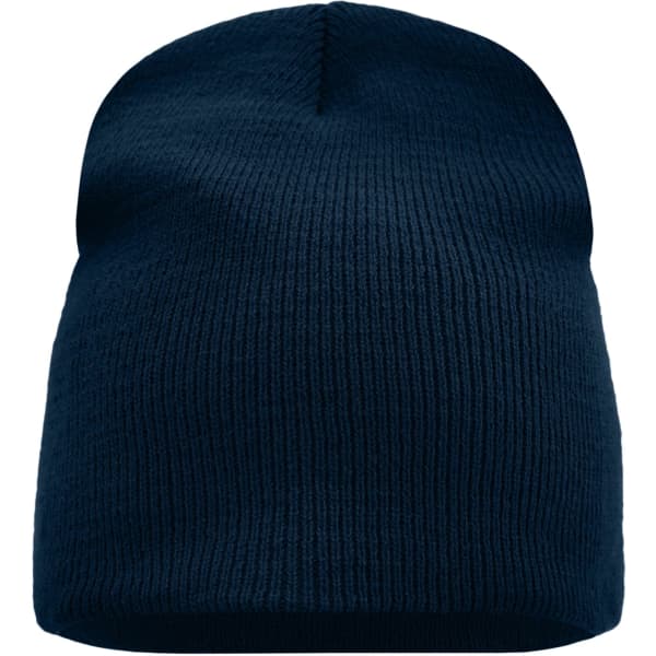 A navy blue beanie with a ribbed texture, featuring a simple design and branding.
