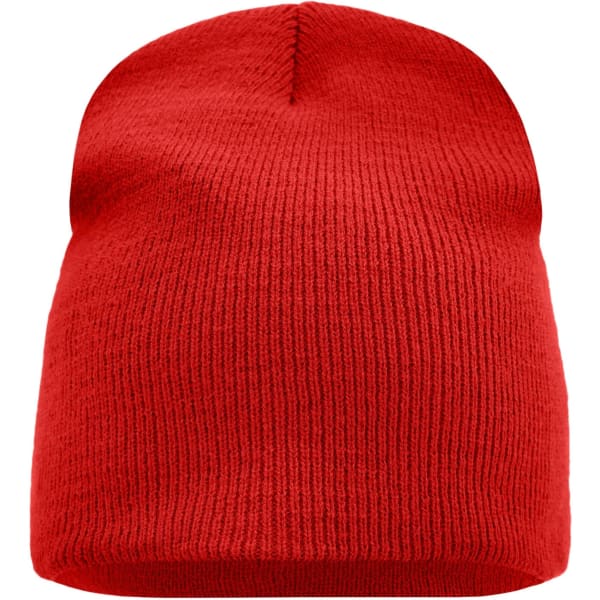 A red knitted beanie with a ribbed texture, featuring a logo on the side.